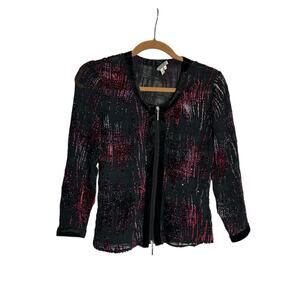 Alberto Malaki Semi Sheer Sparkly Black Purple Zip Front Blouse Top Size Medium